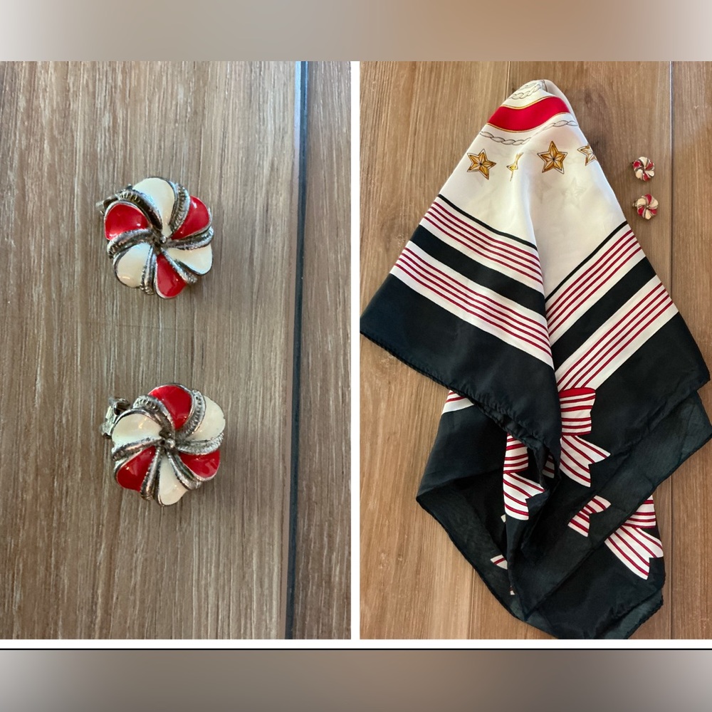 Vintage Scarf w/ Vintage Enamel Clip on Earrings